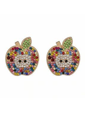 Large Apple Fruit Multicolor Rhinestone Gold Stud Drop Earrings